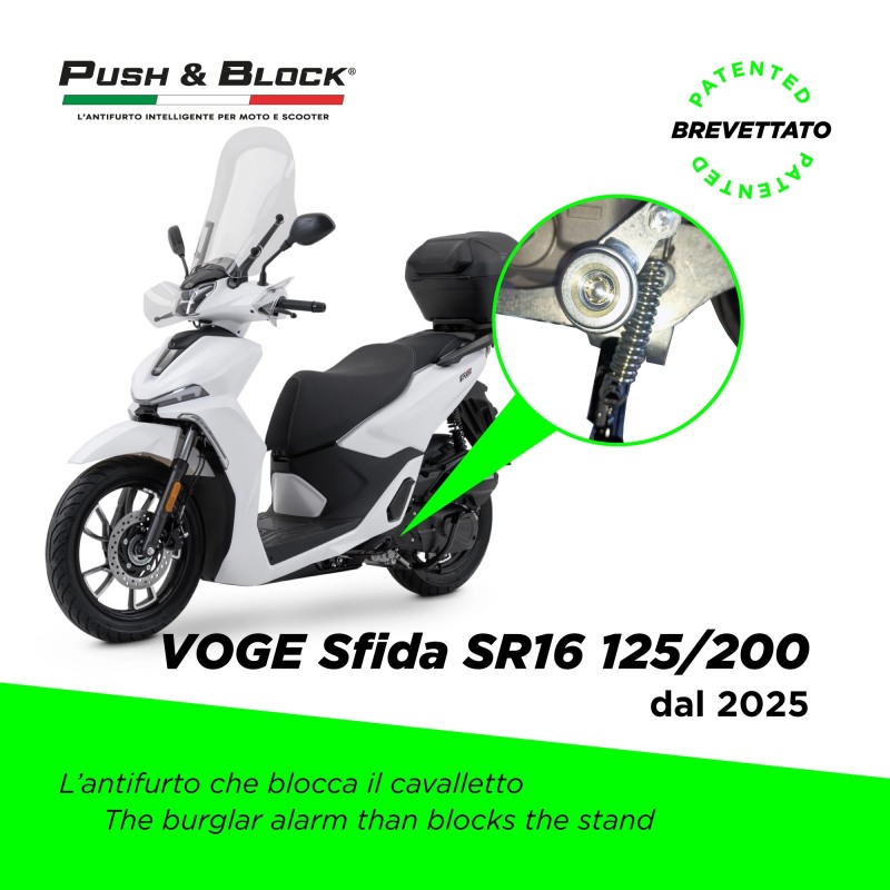 Antifurto blocca cavalletto Push & Block V01 per Voge Sfida SR16 125/200 e Sfida SR1 125 dal 2025