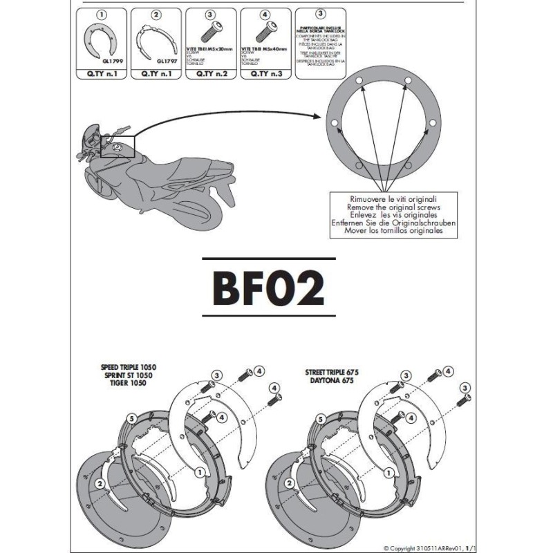 Flangia Per Borse Da Serbatoio GIVI Tanklock Bf02 Per Triumph, Benelli