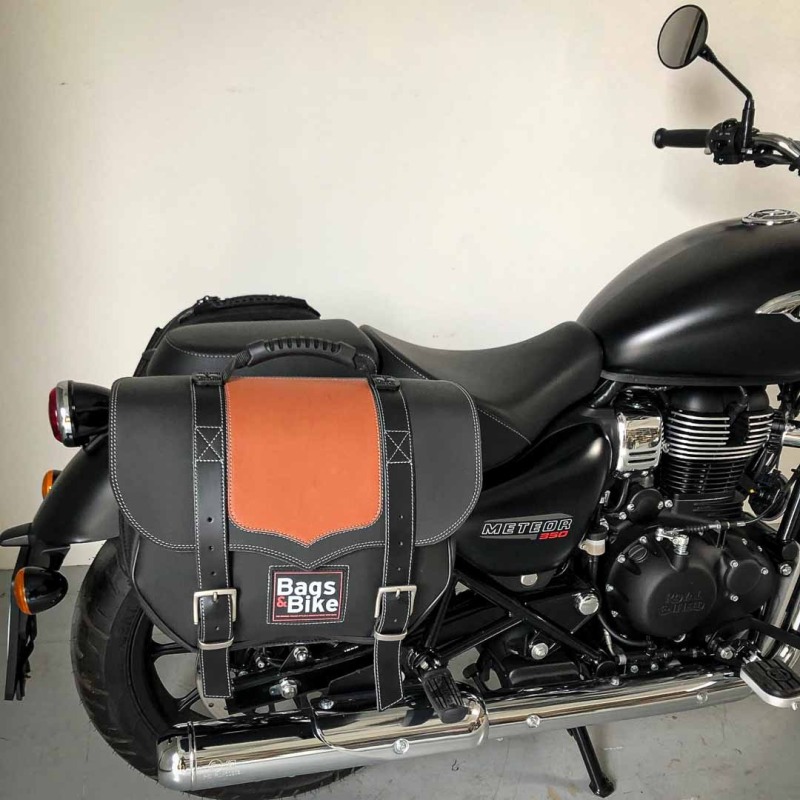 Bags&Bike CLASSIC/C/N/MET Coppia Di Borse Laterali Modello Classic Nera E Cuoio Per Meteor 350 Royal Enfield